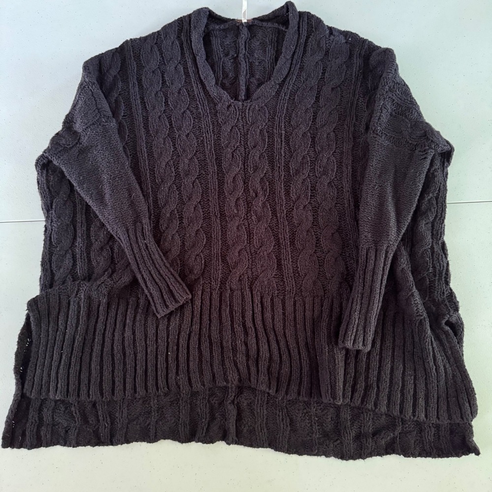 Oversized FP Cable Knit V-Neck Sweater Women XS Black Cotton High Low Tunic
